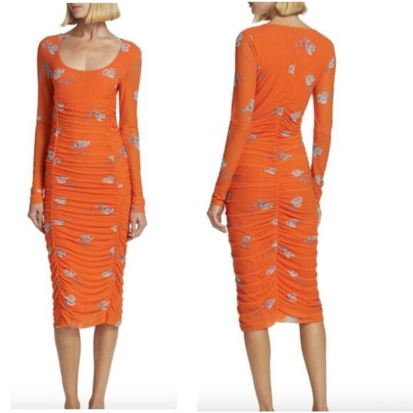 GANNI Floral Ruched Midi Dress Women's 38(6) Orange Long Sleeved Lined - Picture 1 of 16